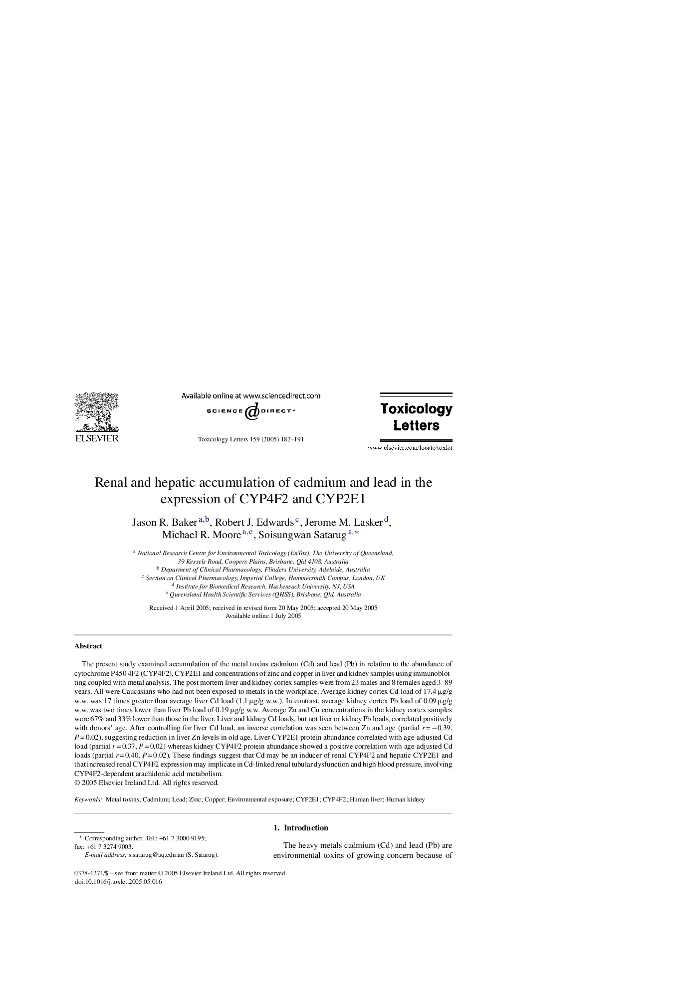 Renal and hepatic accumulation of cadmium and lead in the expression of CYP4F2 and CYP2E1