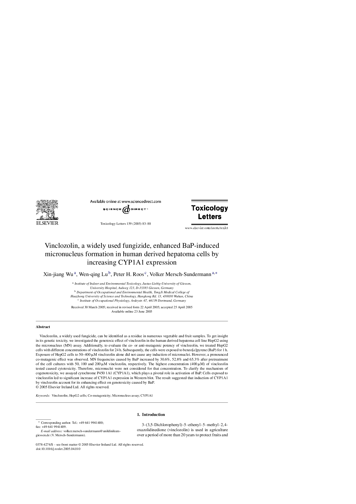 Vinclozolin, a widely used fungizide, enhanced BaP-induced micronucleus formation in human derived hepatoma cells by increasing CYP1A1 expression