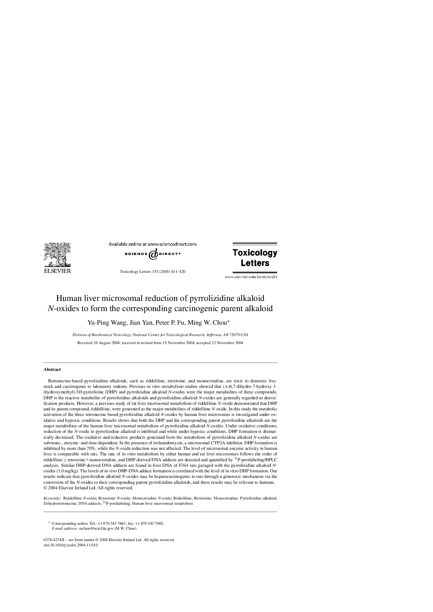 Human liver microsomal reduction of pyrrolizidine alkaloid N-oxides to form the corresponding carcinogenic parent alkaloid