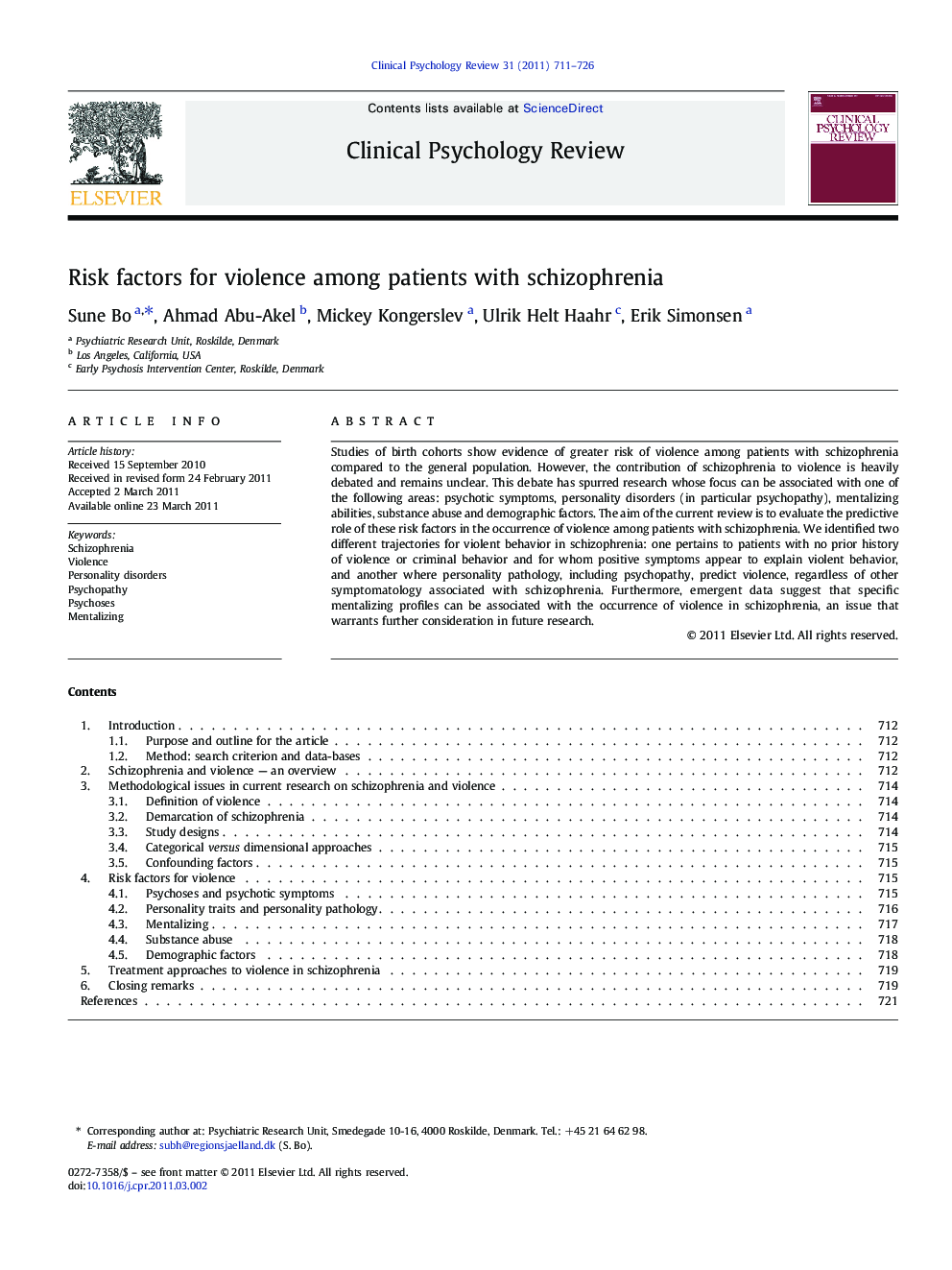 Risk factors for violence among patients with schizophrenia