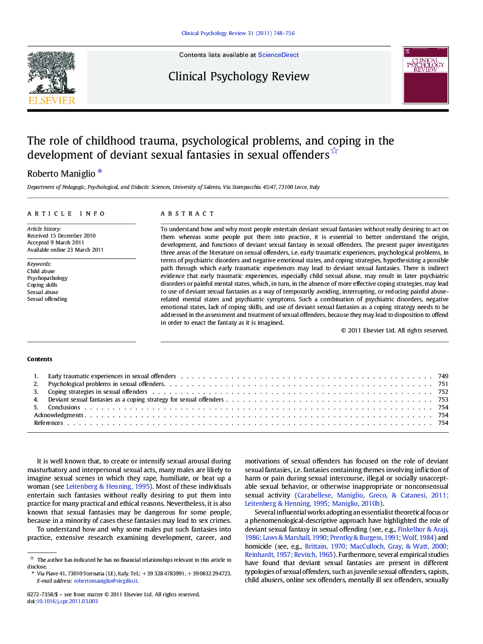 The role of childhood trauma, psychological problems, and coping in the development of deviant sexual fantasies in sexual offenders 