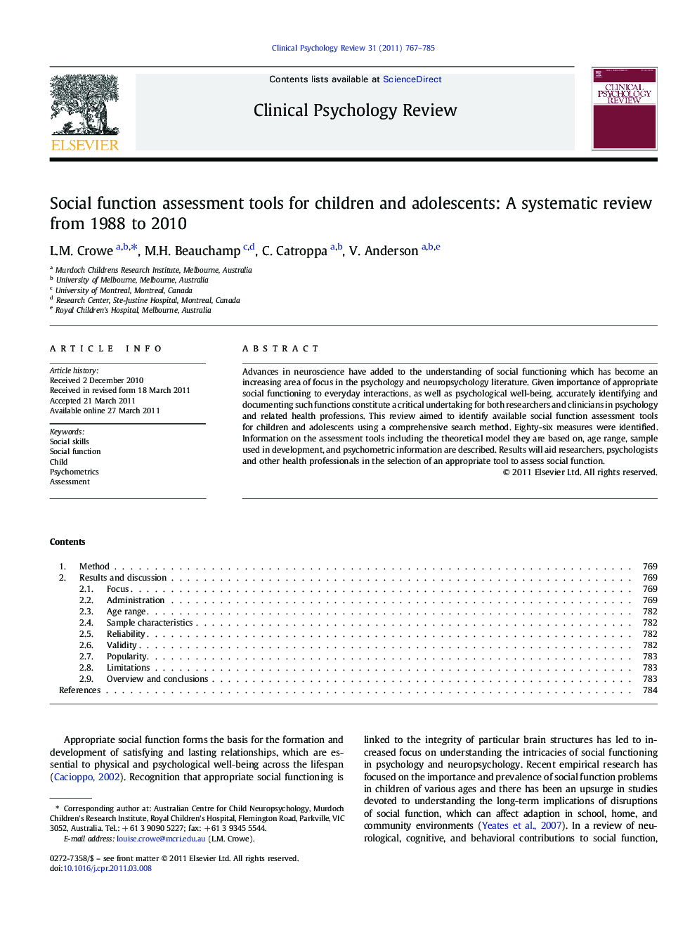 Social function assessment tools for children and adolescents: A systematic review from 1988 to 2010