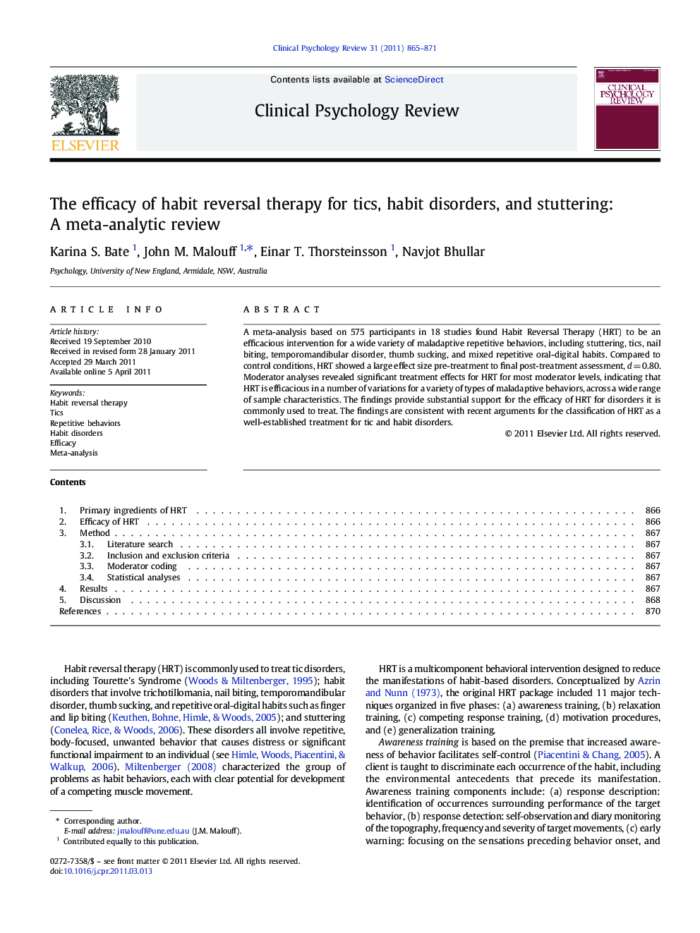 The efficacy of habit reversal therapy for tics, habit disorders, and stuttering: A meta-analytic review