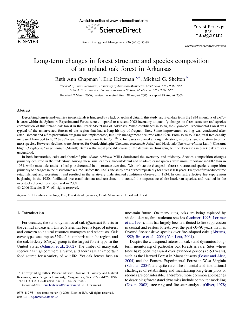 Long-term changes in forest structure and species composition of an upland oak forest in Arkansas