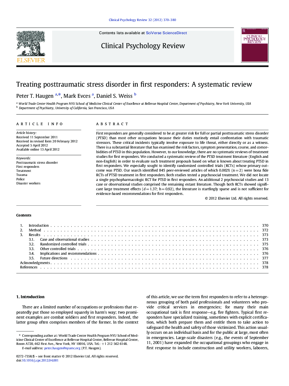 Treating posttraumatic stress disorder in first responders: A systematic review