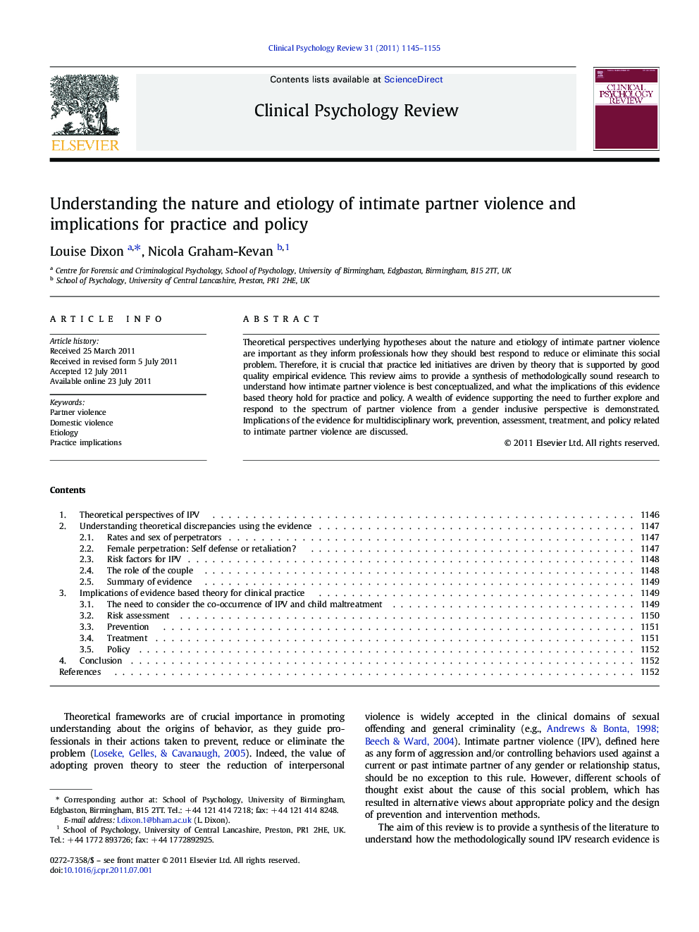 Understanding the nature and etiology of intimate partner violence and implications for practice and policy