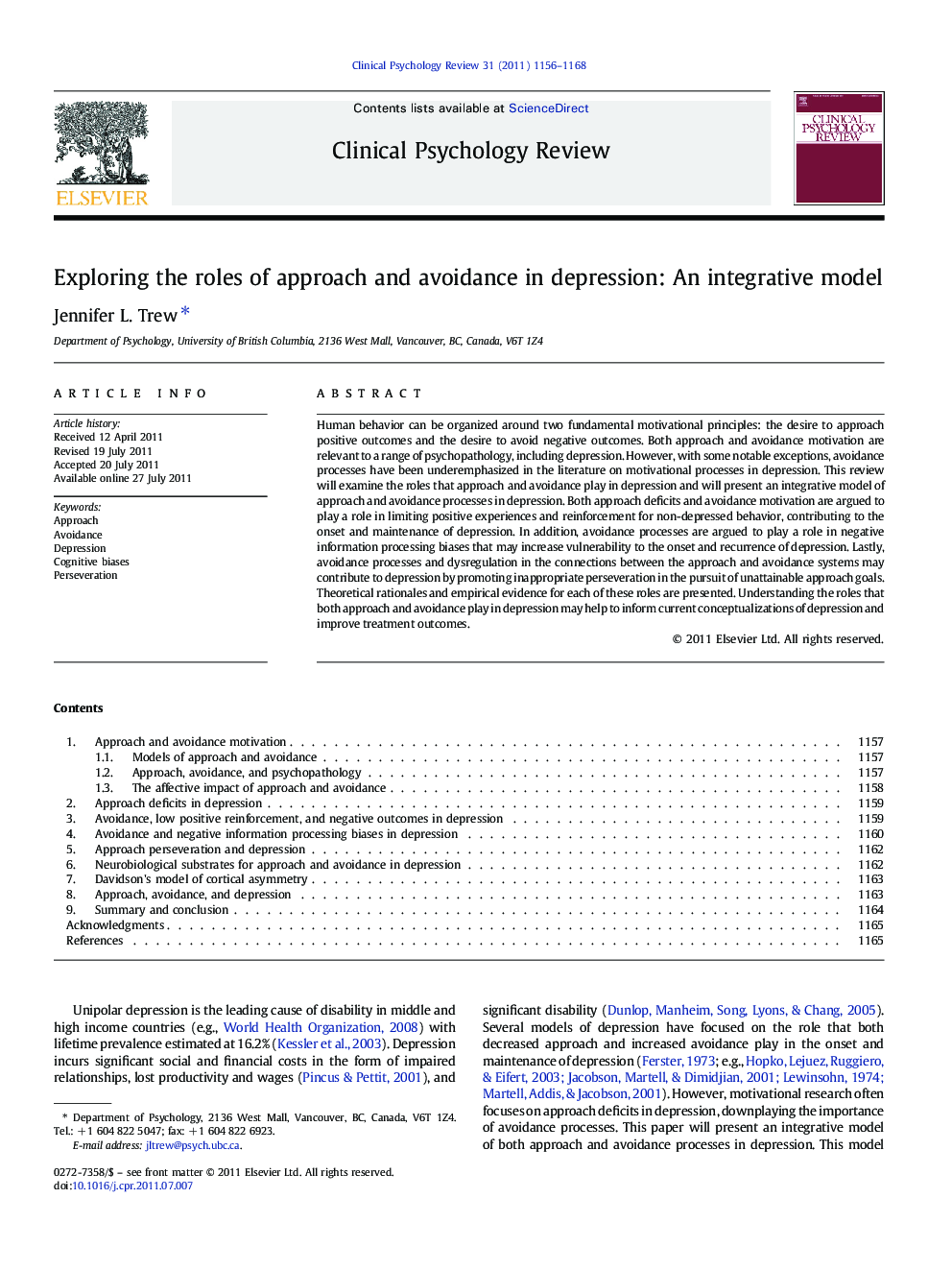 Exploring the roles of approach and avoidance in depression: An integrative model