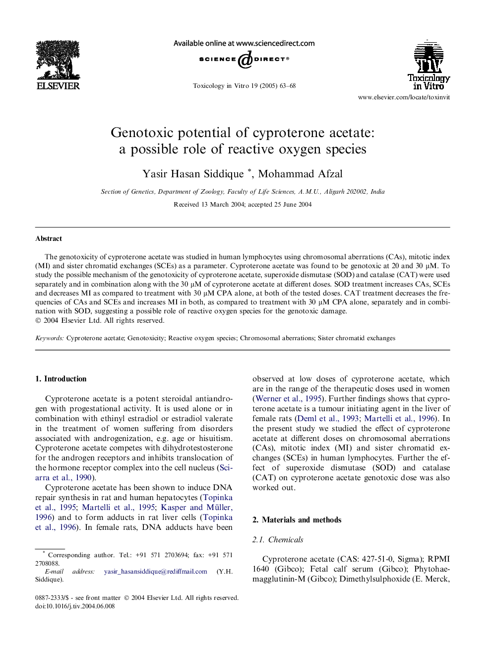 Genotoxic potential of cyproterone acetate: a possible role of reactive oxygen species