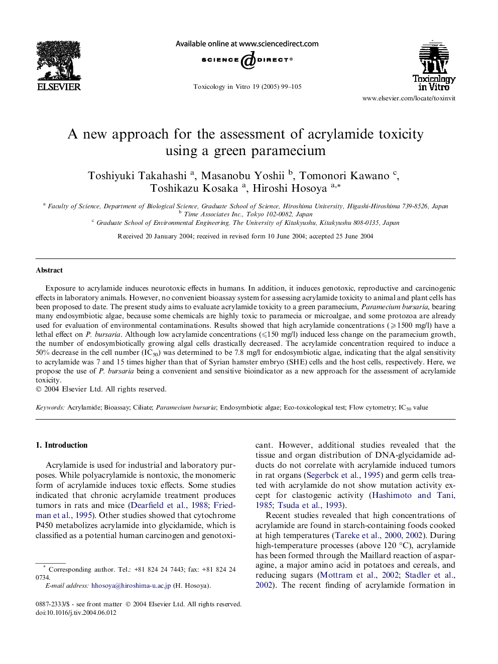 A new approach for the assessment of acrylamide toxicity using a green paramecium