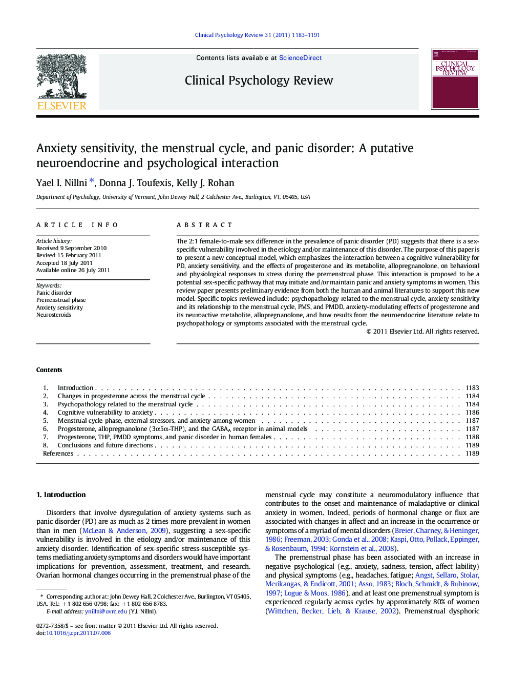 Anxiety sensitivity, the menstrual cycle, and panic disorder: A putative neuroendocrine and psychological interaction