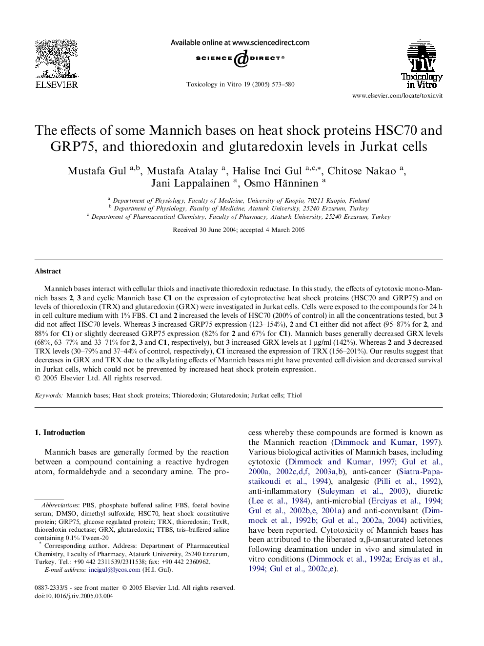 The effects of some Mannich bases on heat shock proteins HSC70 and GRP75, and thioredoxin and glutaredoxin levels in Jurkat cells