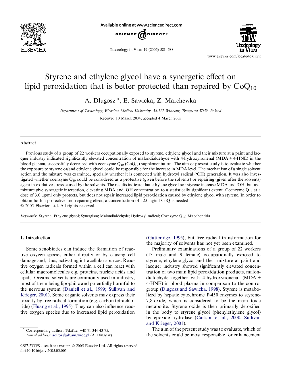 Styrene and ethylene glycol have a synergetic effect on lipid peroxidation that is better protected than repaired by CoQ10