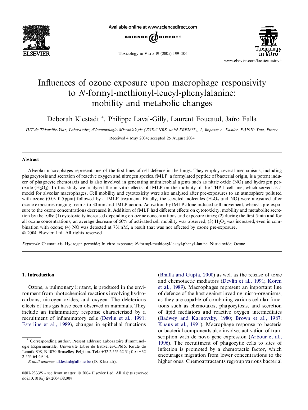 Influences of ozone exposure upon macrophage responsivity to N-formyl-methionyl-leucyl-phenylalanine: mobility and metabolic changes