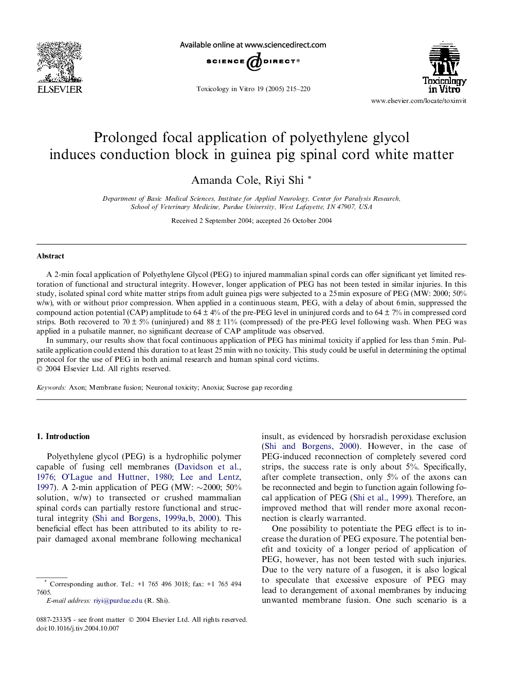 Prolonged focal application of polyethylene glycol induces conduction block in guinea pig spinal cord white matter