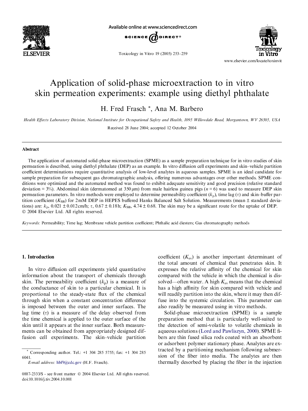 Application of solid-phase microextraction to in vitro skin permeation experiments: example using diethyl phthalate