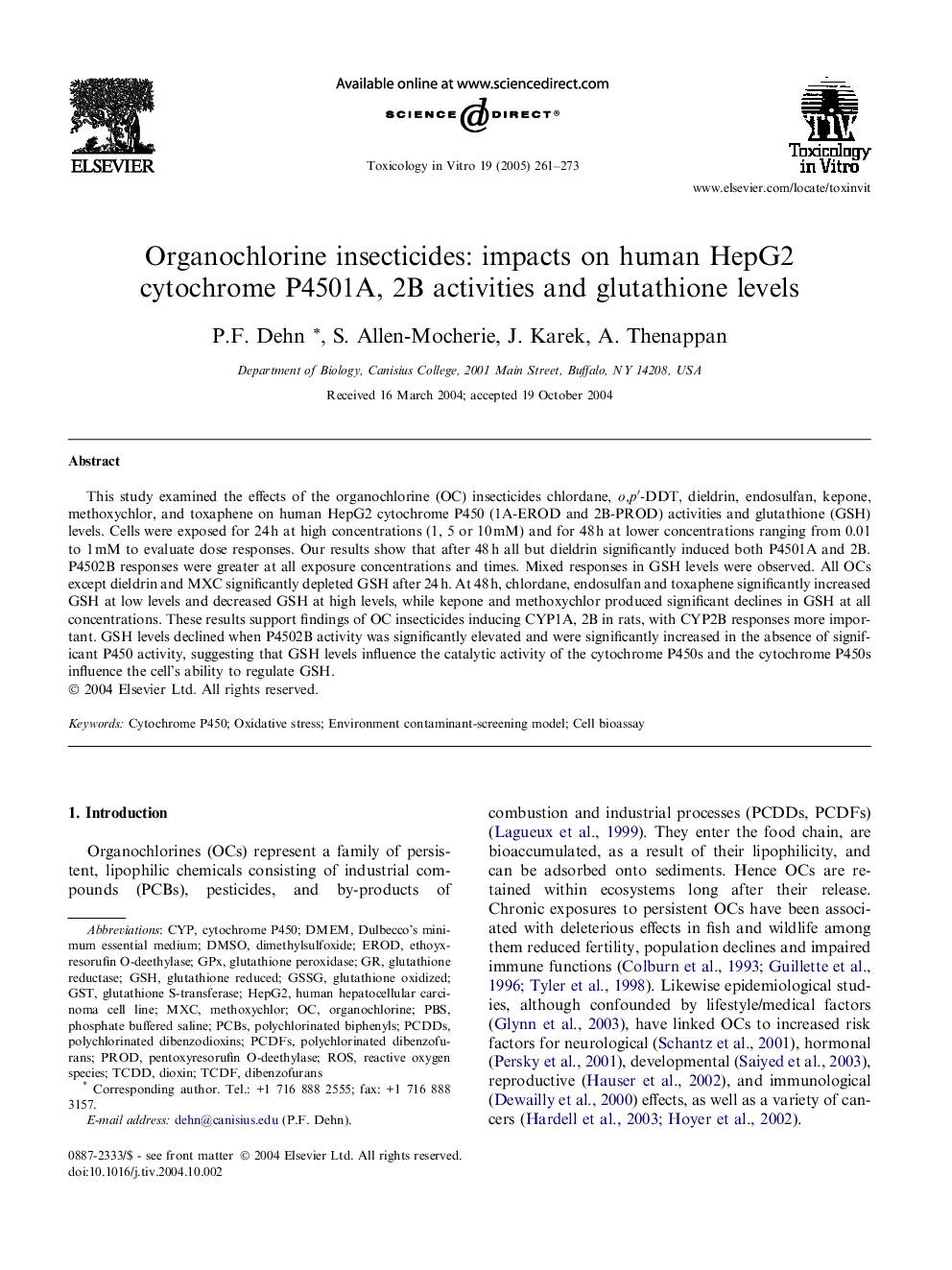 Organochlorine insecticides: impacts on human HepG2 cytochrome P4501A, 2B activities and glutathione levels