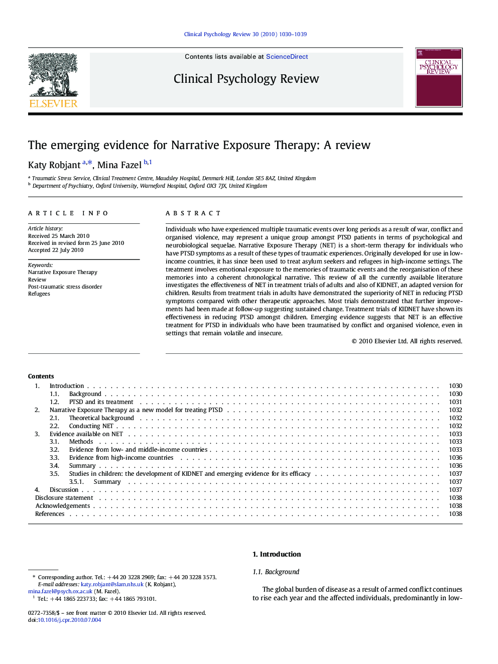 The emerging evidence for Narrative Exposure Therapy: A review