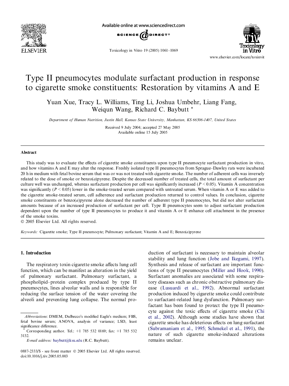 Type II pneumocytes modulate surfactant production in response to cigarette smoke constituents: Restoration by vitamins A and E