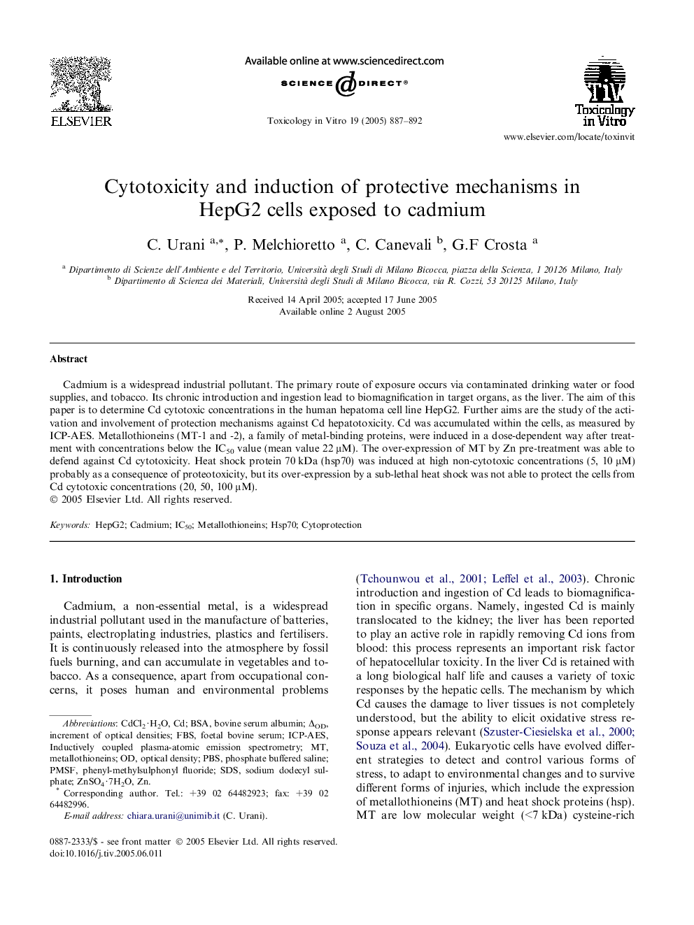 Cytotoxicity and induction of protective mechanisms in HepG2 cells exposed to cadmium