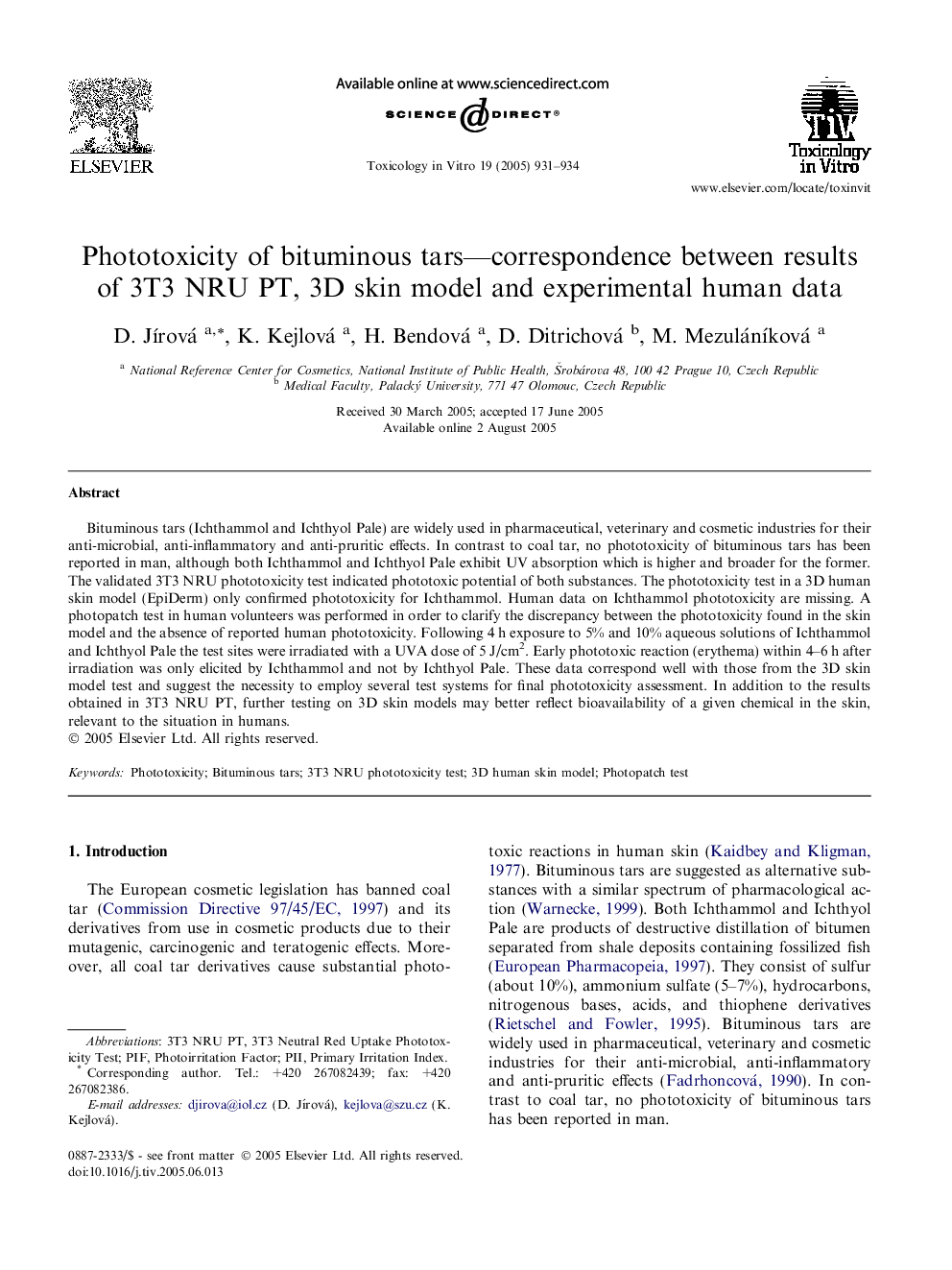 Phototoxicity of bituminous tars-correspondence between results of 3T3 NRU PT, 3D skin model and experimental human data