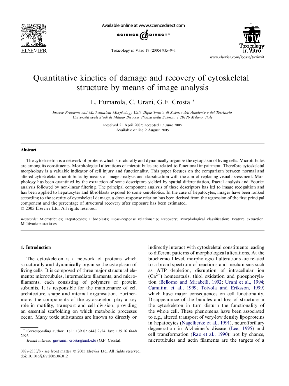 Quantitative kinetics of damage and recovery of cytoskeletal structure by means of image analysis