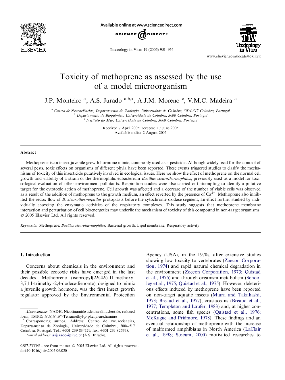 Toxicity of methoprene as assessed by the use of a model microorganism