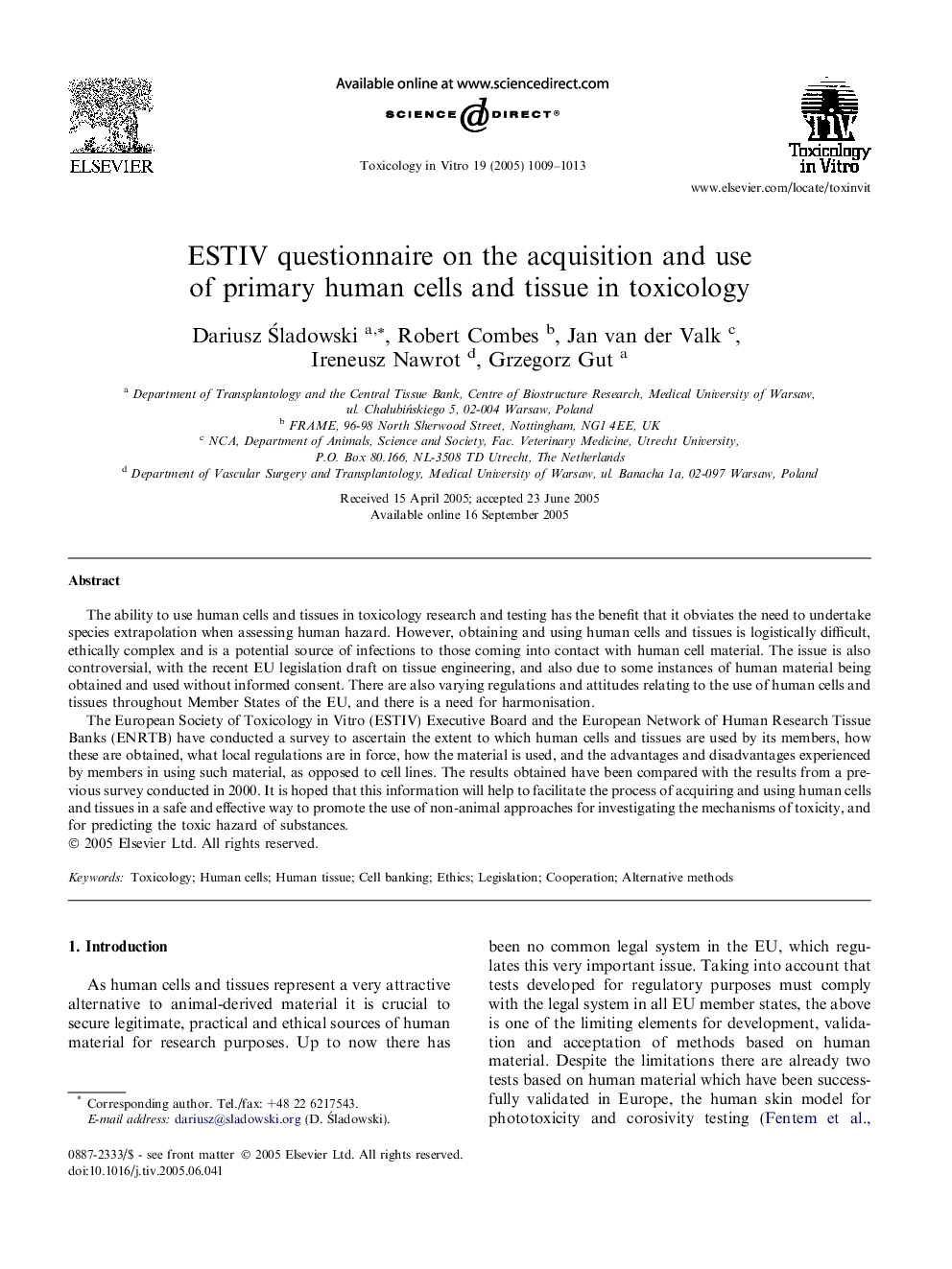 ESTIV questionnaire on the acquisition and use of primary human cells and tissue in toxicology