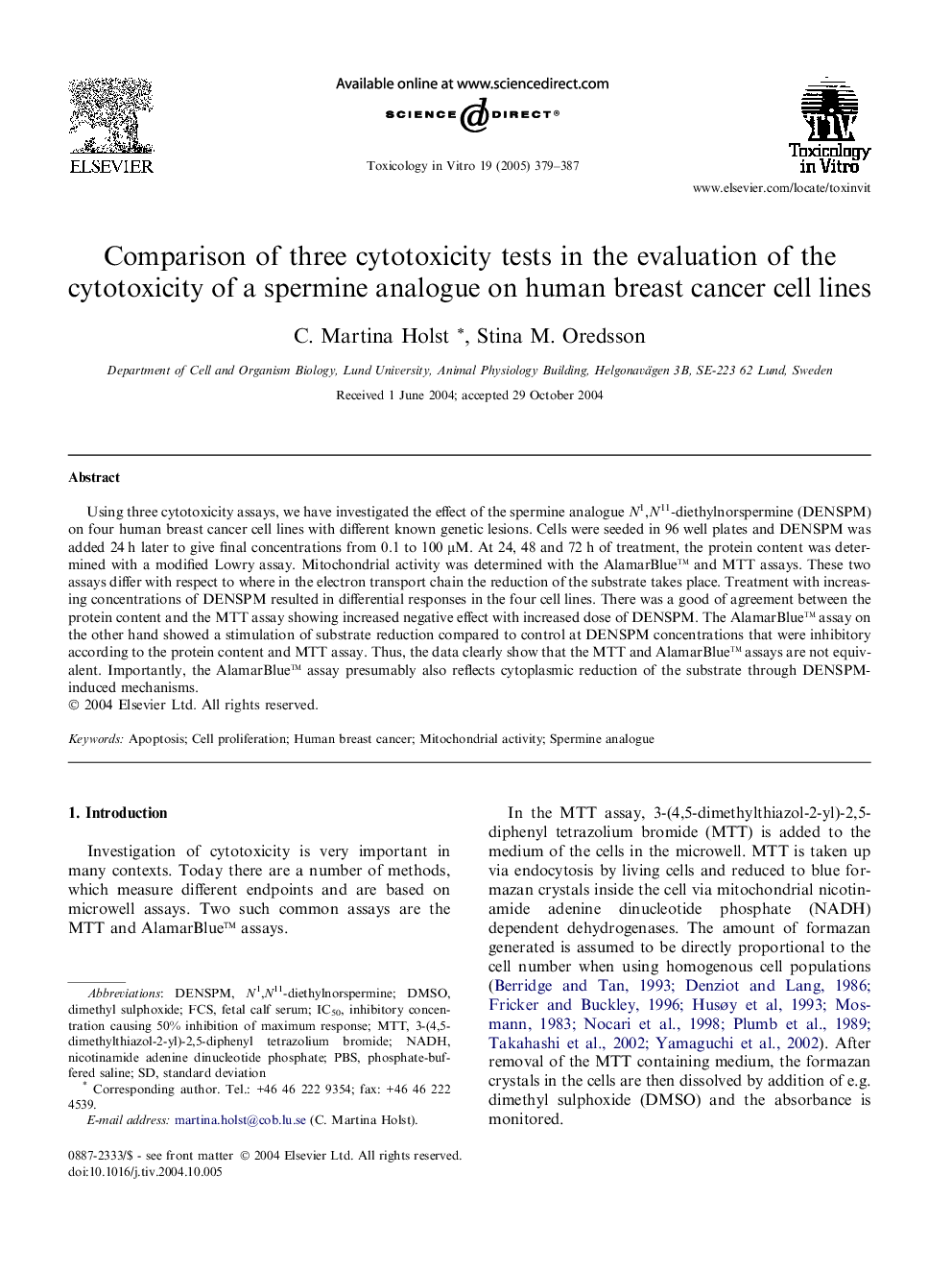 Comparison of three cytotoxicity tests in the evaluation of the cytotoxicity of a spermine analogue on human breast cancer cell lines