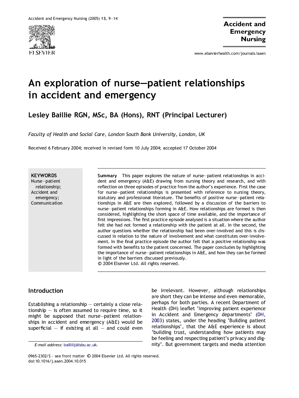 An exploration of nurse-patient relationships in accident and emergency