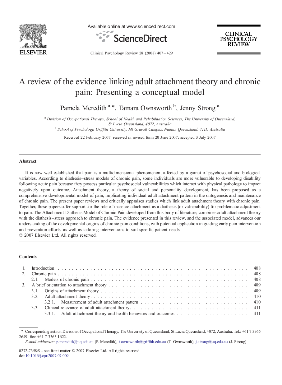 A review of the evidence linking adult attachment theory and chronic pain: Presenting a conceptual model