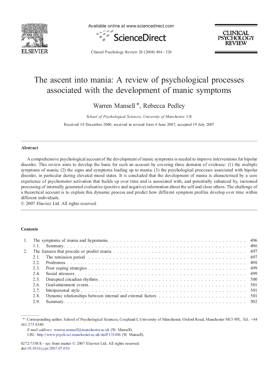 The ascent into mania: A review of psychological processes associated with the development of manic symptoms