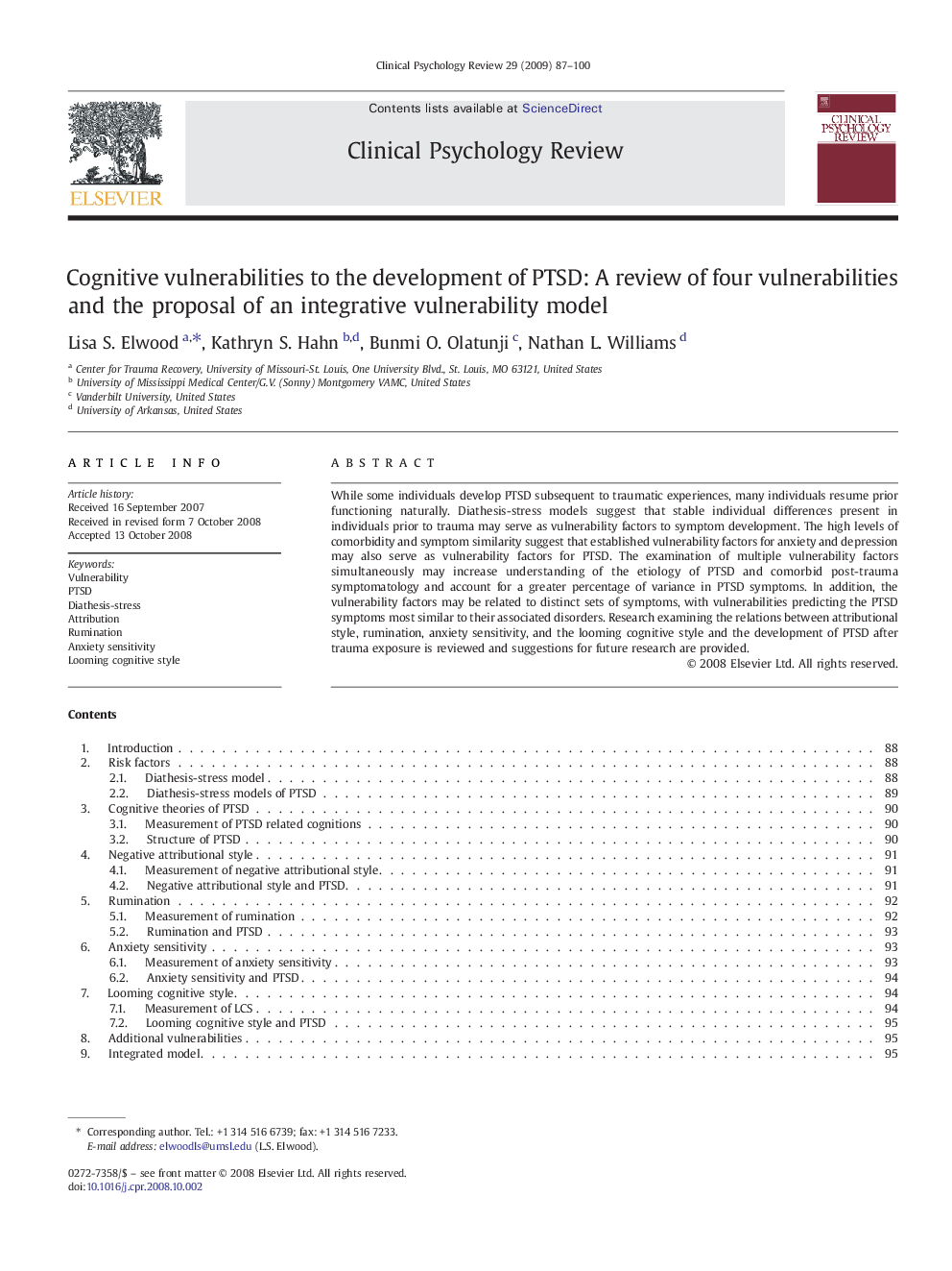 Cognitive vulnerabilities to the development of PTSD: A review of four vulnerabilities and the proposal of an integrative vulnerability model