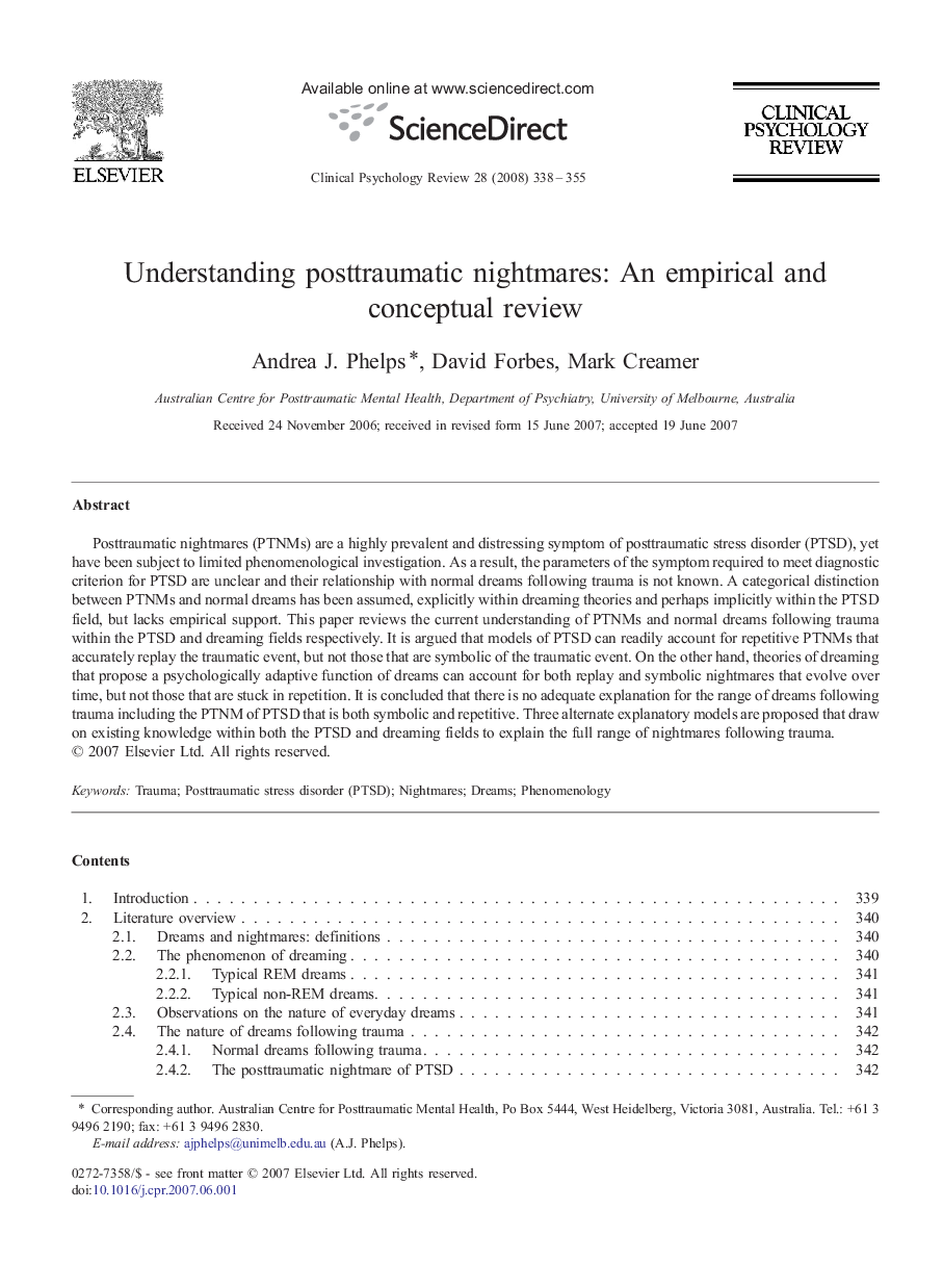 Understanding posttraumatic nightmares: An empirical and conceptual review