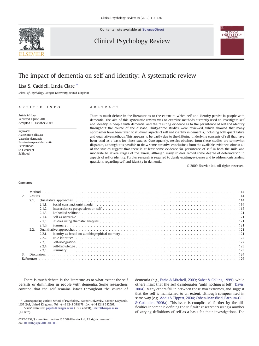 The impact of dementia on self and identity: A systematic review