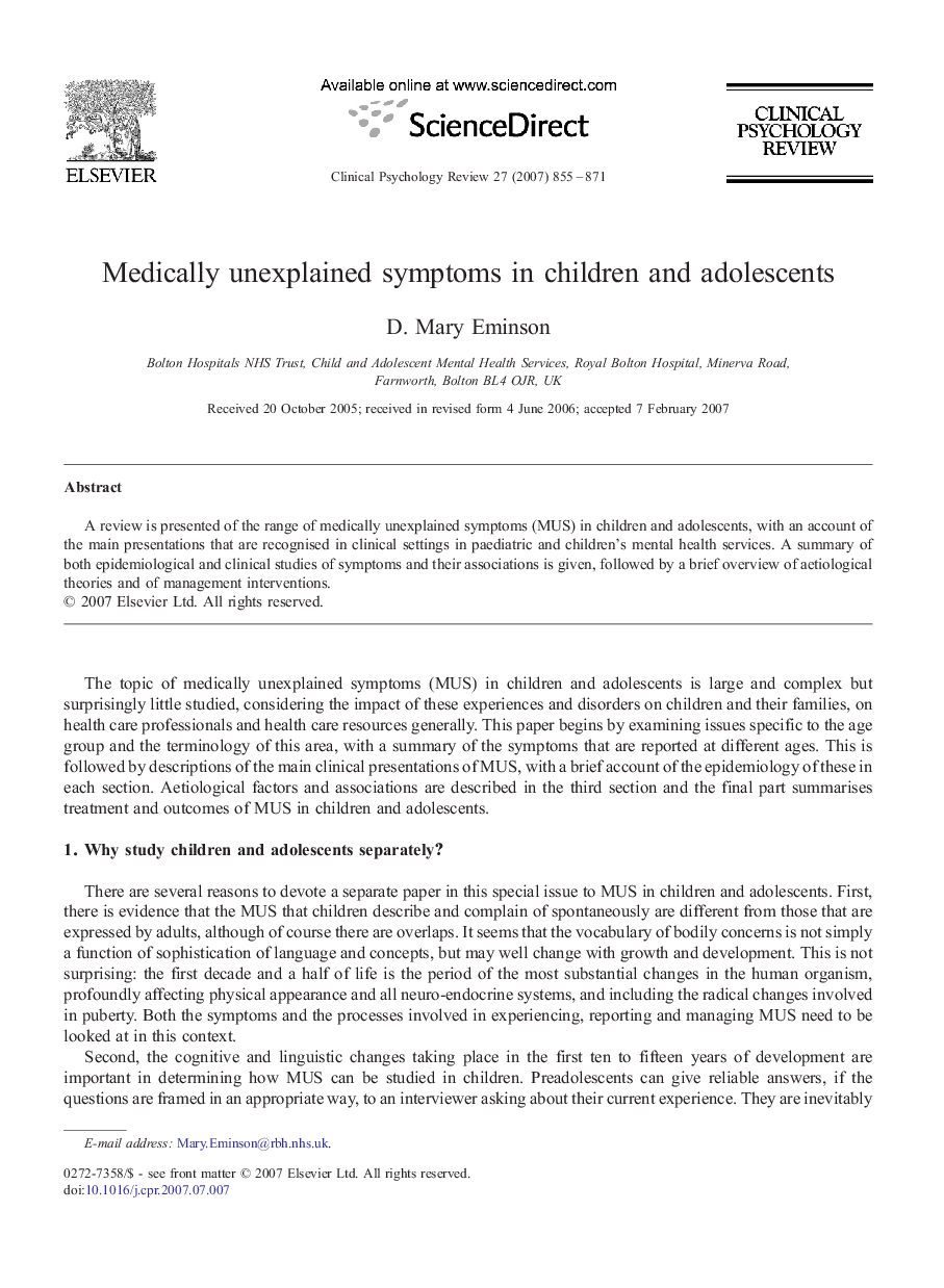 Medically unexplained symptoms in children and adolescents