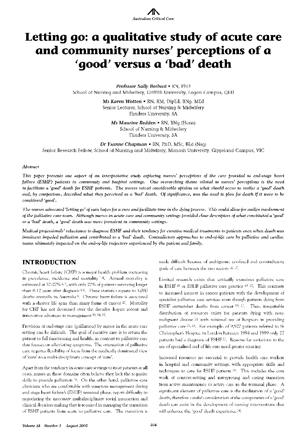 Letting go: a qualitative study of acute care and community nurses' perceptions of a 'good' versus a 'bad' death