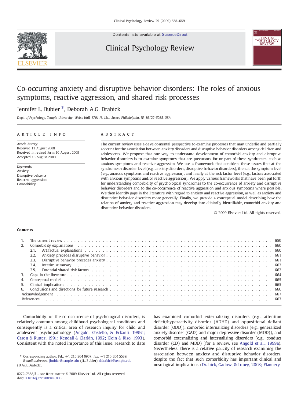 Co-occurring anxiety and disruptive behavior disorders: The roles of anxious symptoms, reactive aggression, and shared risk processes