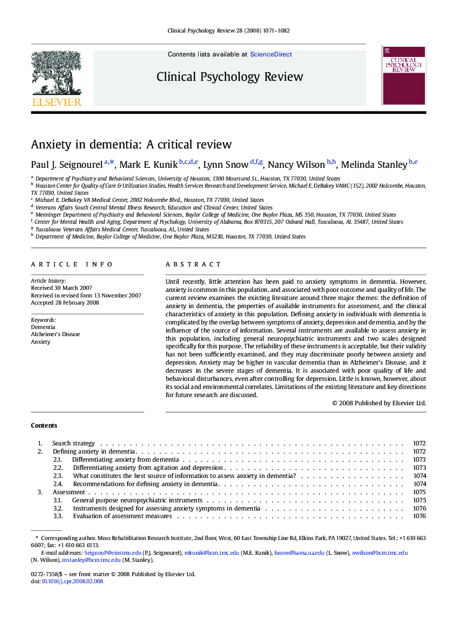 Anxiety in dementia: A critical review