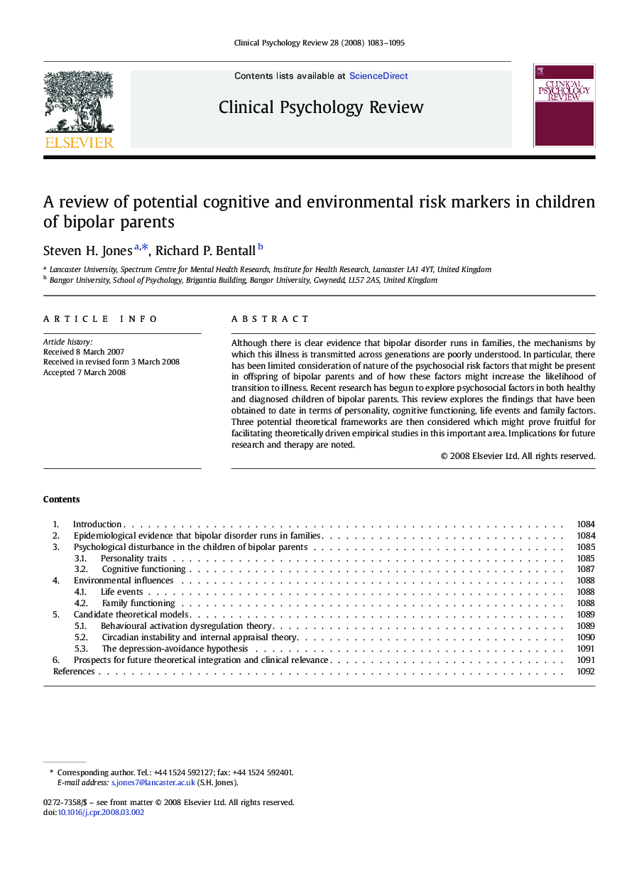 A review of potential cognitive and environmental risk markers in children of bipolar parents