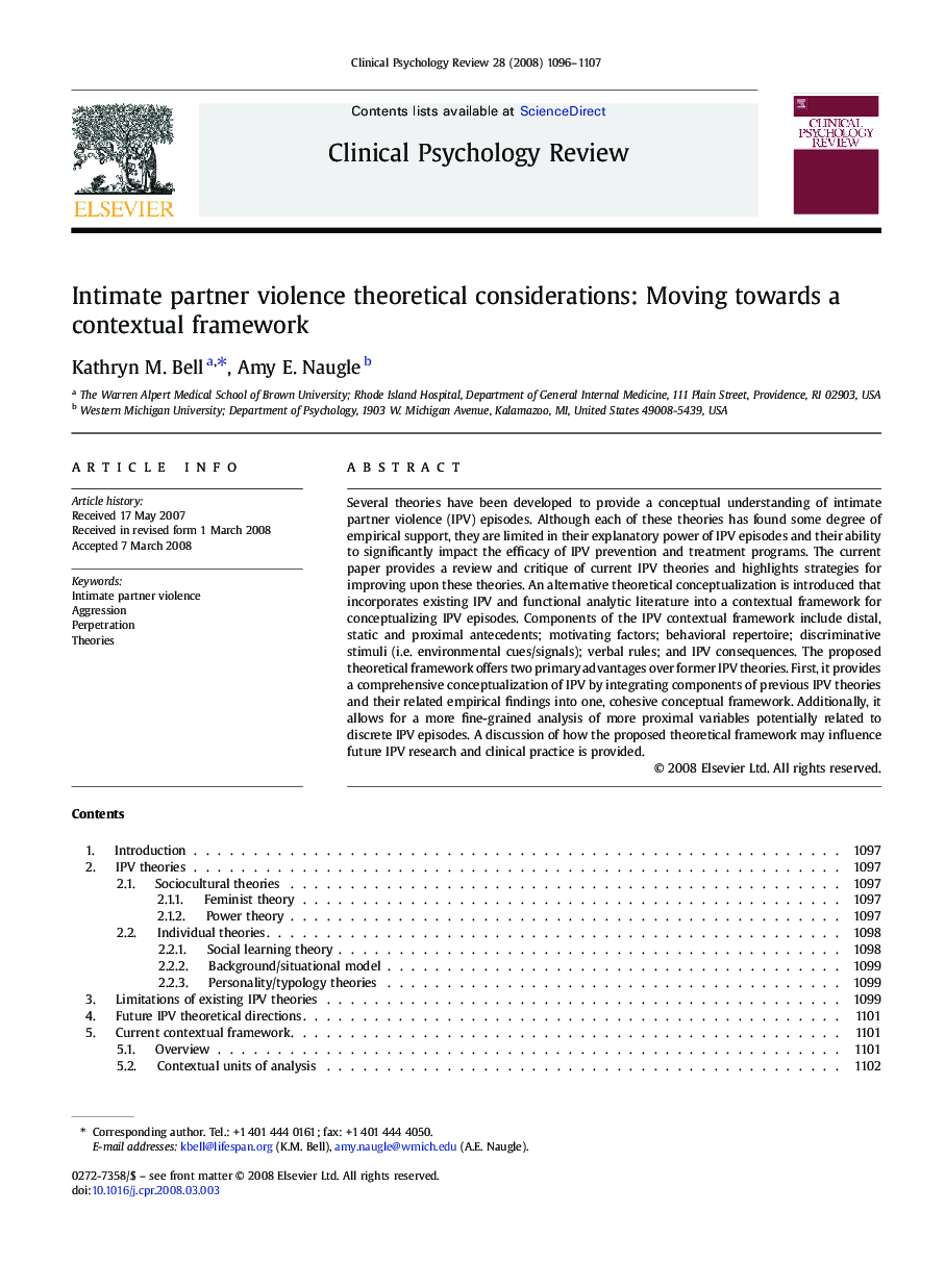 Intimate partner violence theoretical considerations: Moving towards a contextual framework