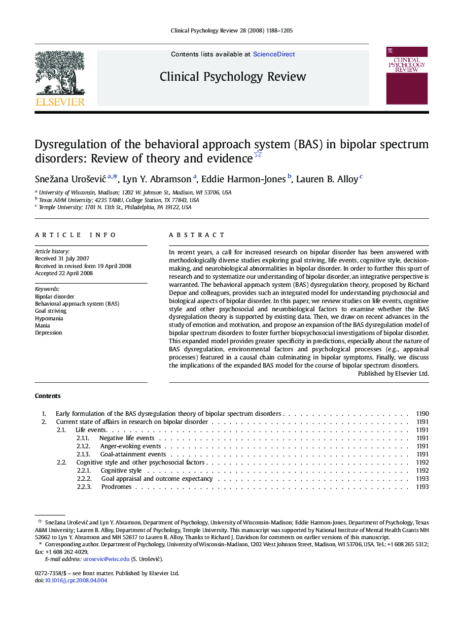 Dysregulation of the behavioral approach system (BAS) in bipolar spectrum disorders: Review of theory and evidence 