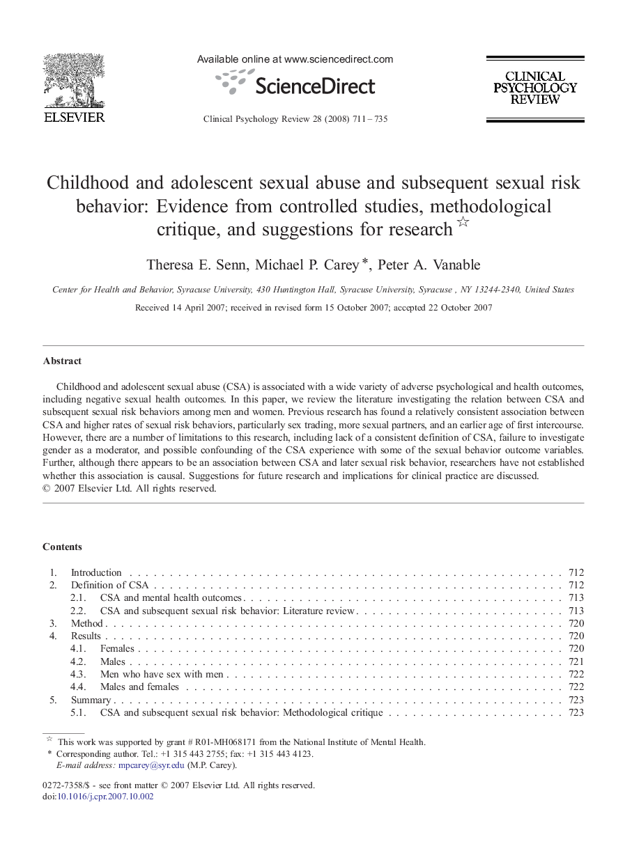 Childhood and adolescent sexual abuse and subsequent sexual risk behavior: Evidence from controlled studies, methodological critique, and suggestions for research 