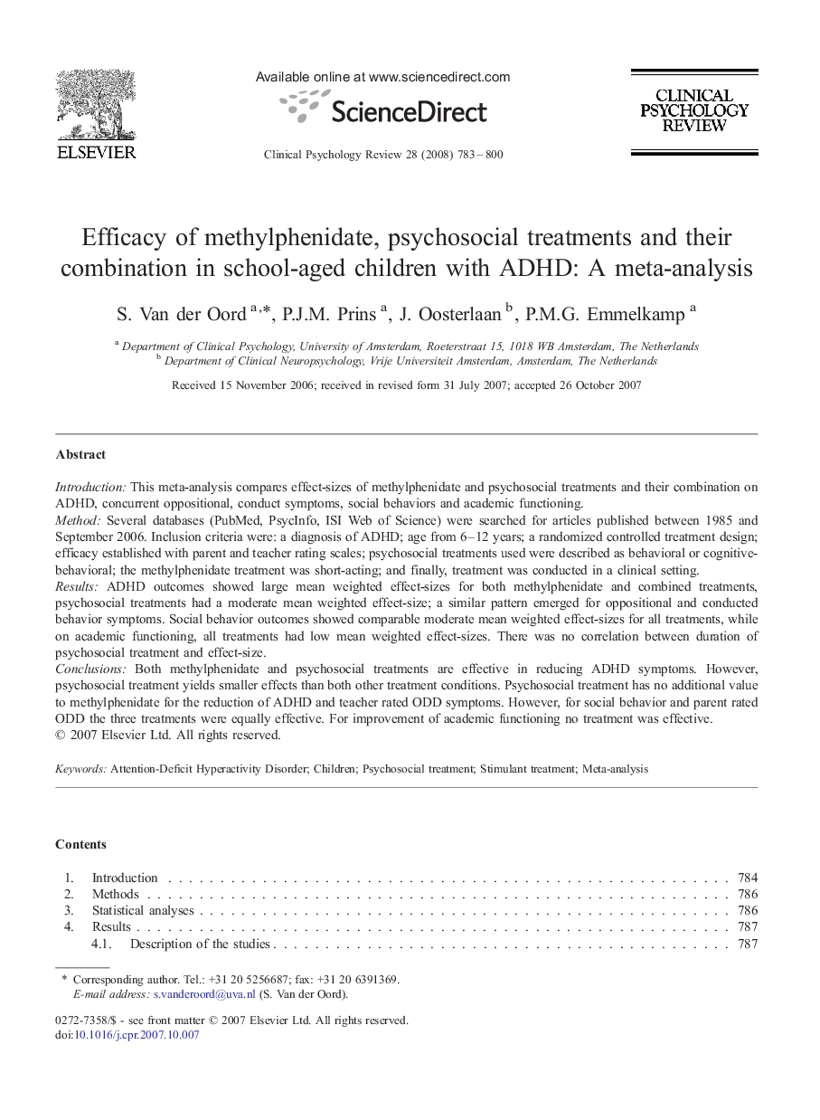 Efficacy of methylphenidate, psychosocial treatments and their combination in school-aged children with ADHD: A meta-analysis