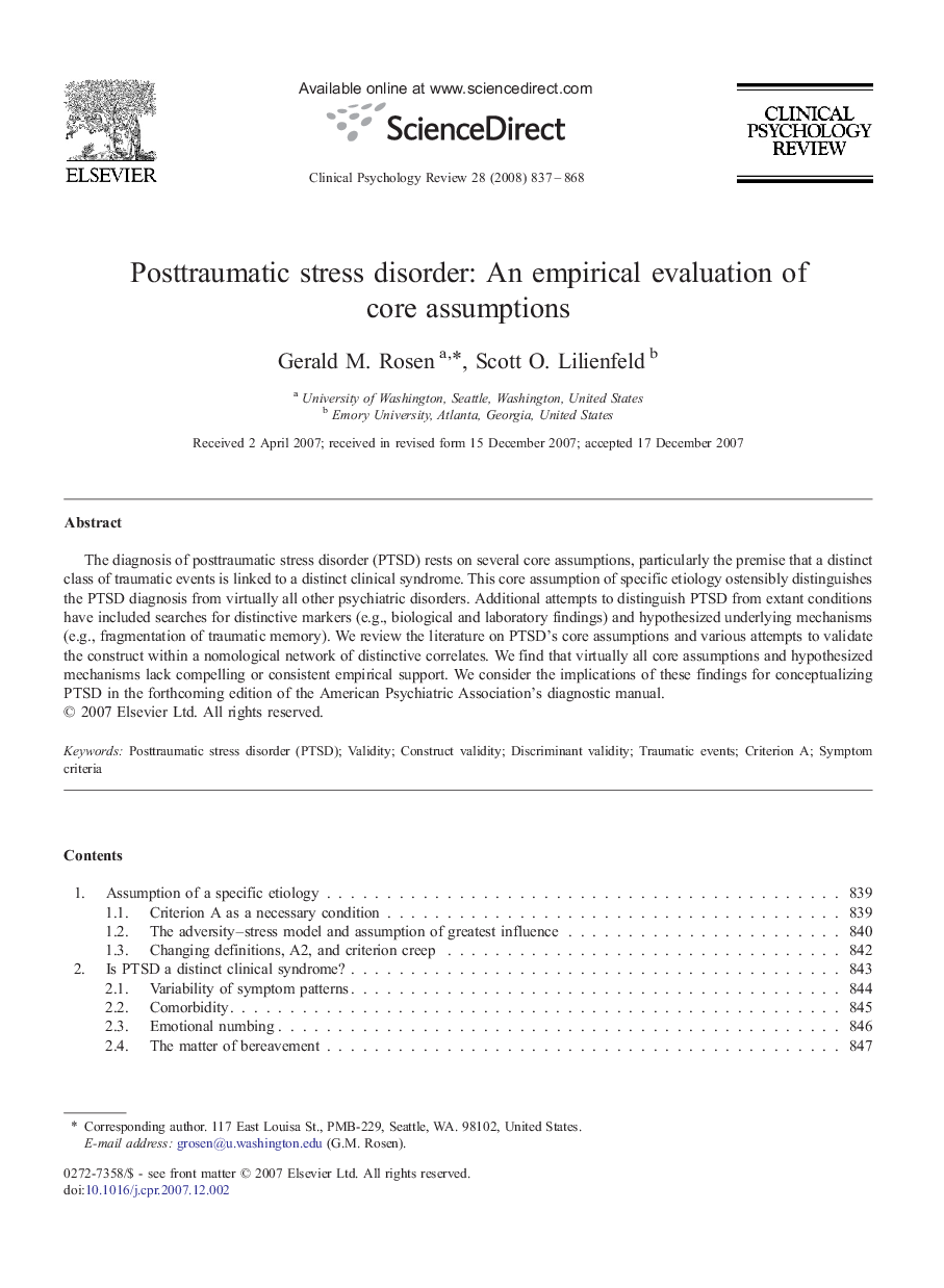 Posttraumatic stress disorder: An empirical evaluation of core assumptions