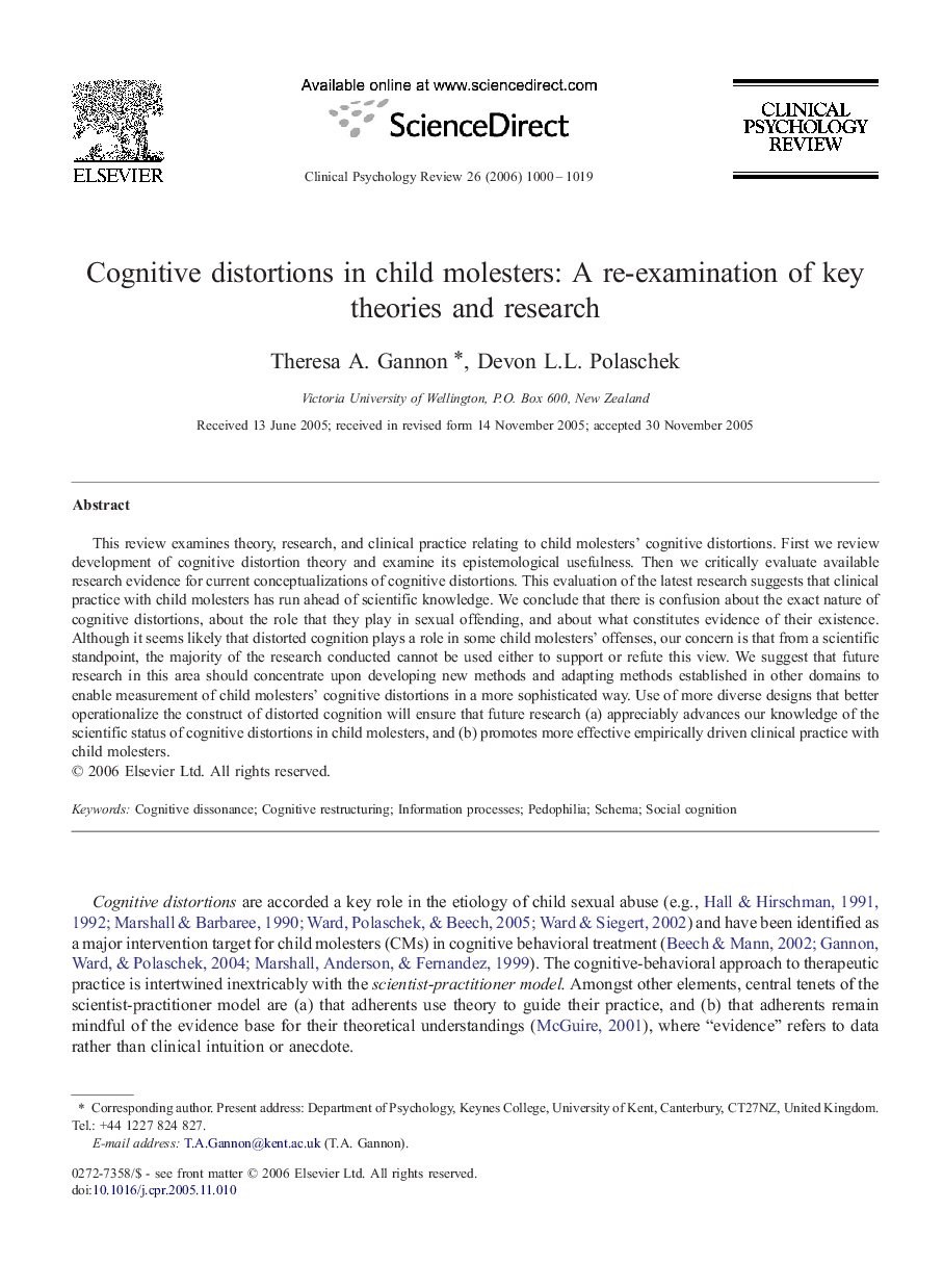 Cognitive distortions in child molesters: A re-examination of key theories and research