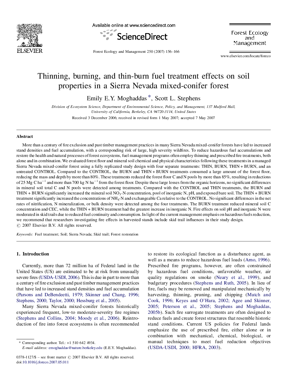 Thinning, burning, and thin-burn fuel treatment effects on soil properties in a Sierra Nevada mixed-conifer forest