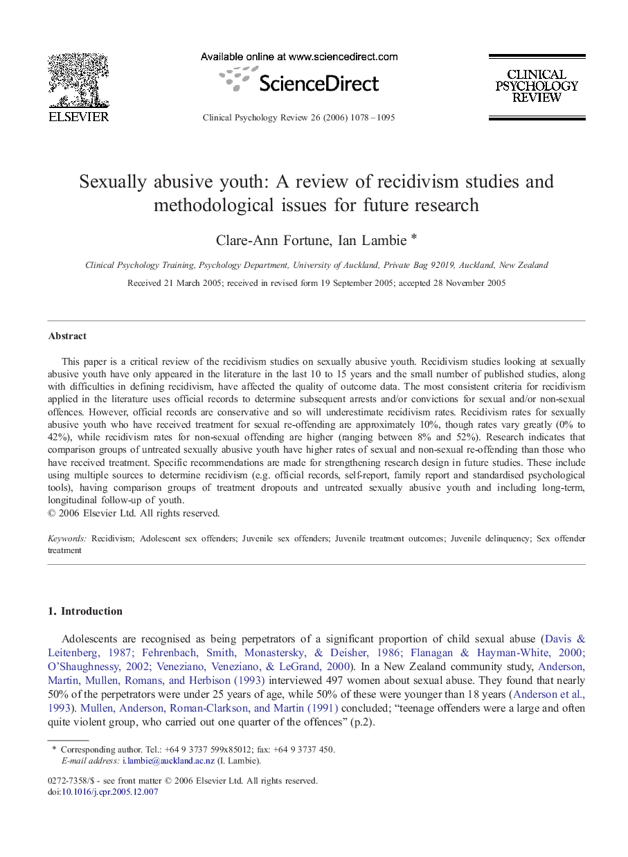 عکس صفحه اول مقاله: Sexually abusive youth: A review of recidivism studies and methodological issues for future research Sexually abusive youth: A review of recidivism studies and methodological issues for future research