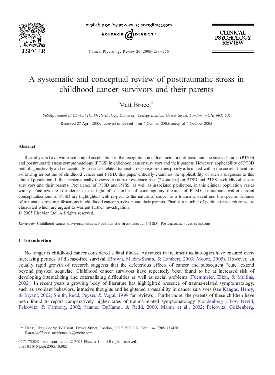 A systematic and conceptual review of posttraumatic stress in childhood cancer survivors and their parents