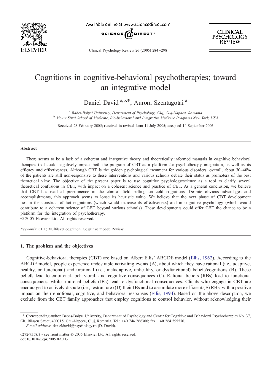 Cognitions in cognitive-behavioral psychotherapies; toward an integrative model