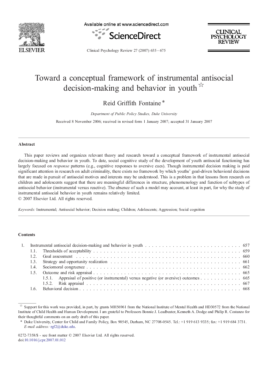 Toward a conceptual framework of instrumental antisocial decision-making and behavior in youth 